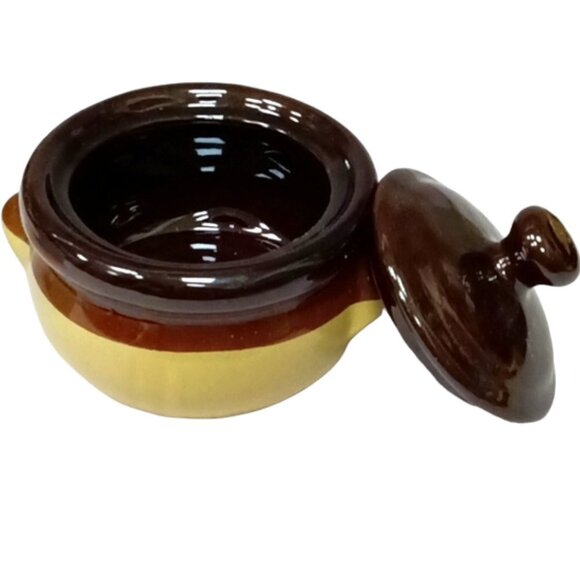 Vintage Lidded Stoneware Tri-Tone Bean Pots / French Onion Soup Pots Lot of 3 - Picture 5 of 7